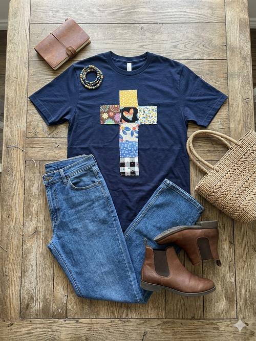 Quilted Cross Applique Short Sleeve T-Shirt