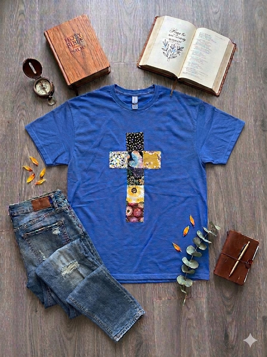Large Faith Over Fear Cross Applique Short Sleeve Royal Blue T-Shirt